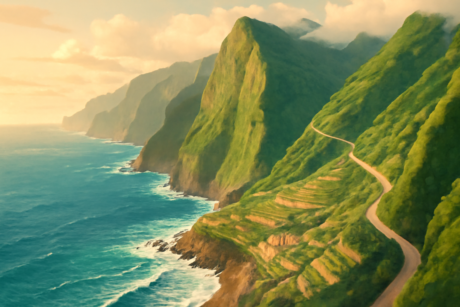Illustration panoramique de l'île de Madère : falaises volcaniques, sentier de levada et océan Atlantique