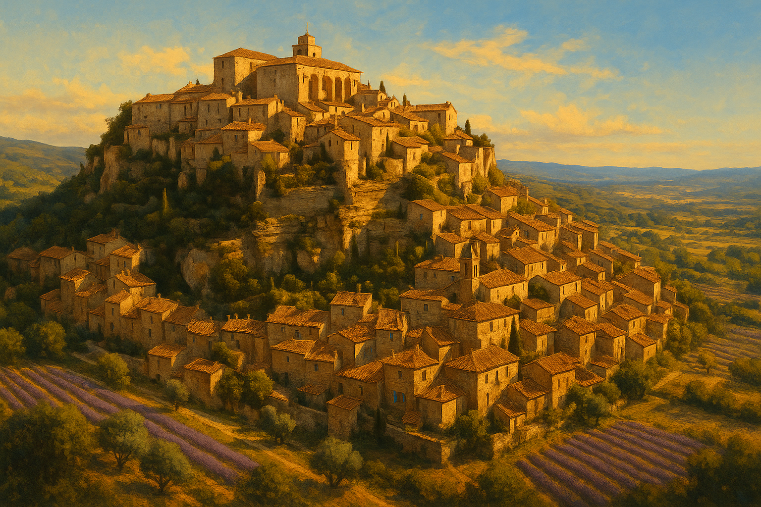Village perché médiéval en Provence au coucher du soleil, maisons en pierre dorée dominant une vallée de lavande