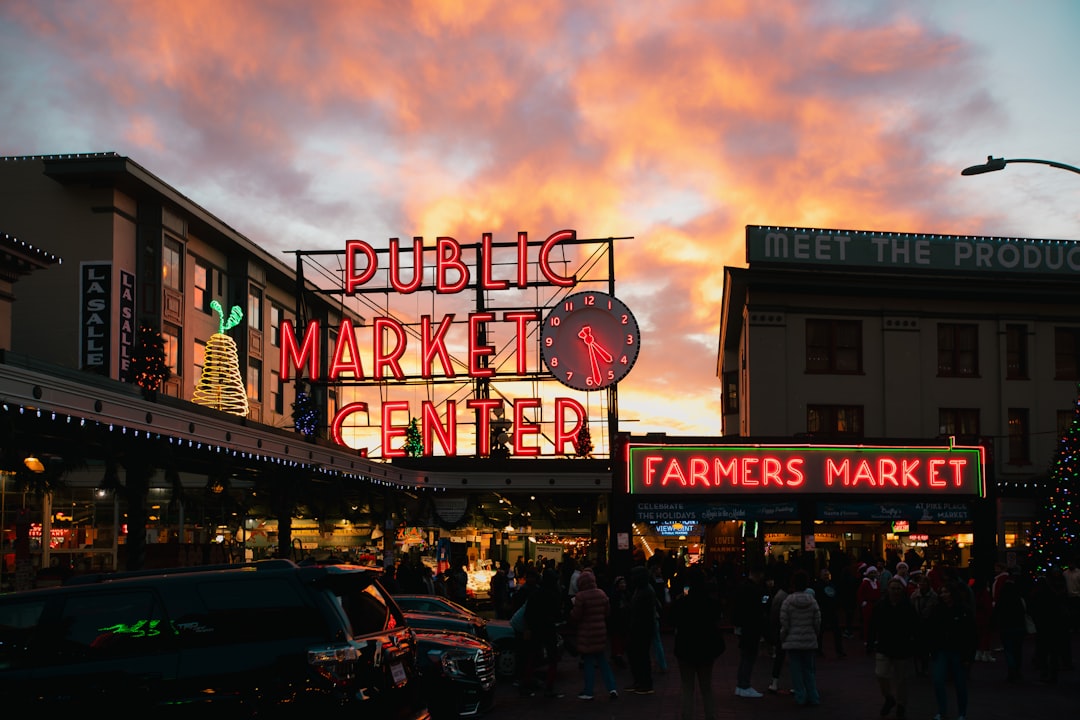 Seattle local coffee shop scene with people gathering on the street