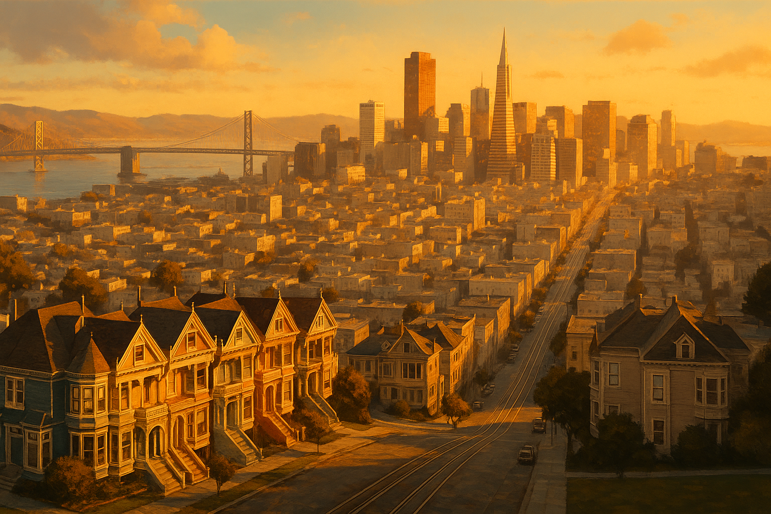 San Francisco cityscape at golden hour with Victorian houses, Bay Bridge, and downtown skyline