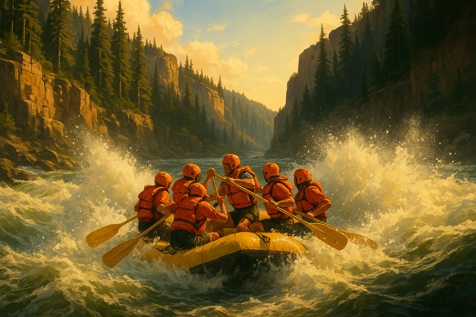 Rafting crew paddling through a large whitewater rapid in a deep river canyon