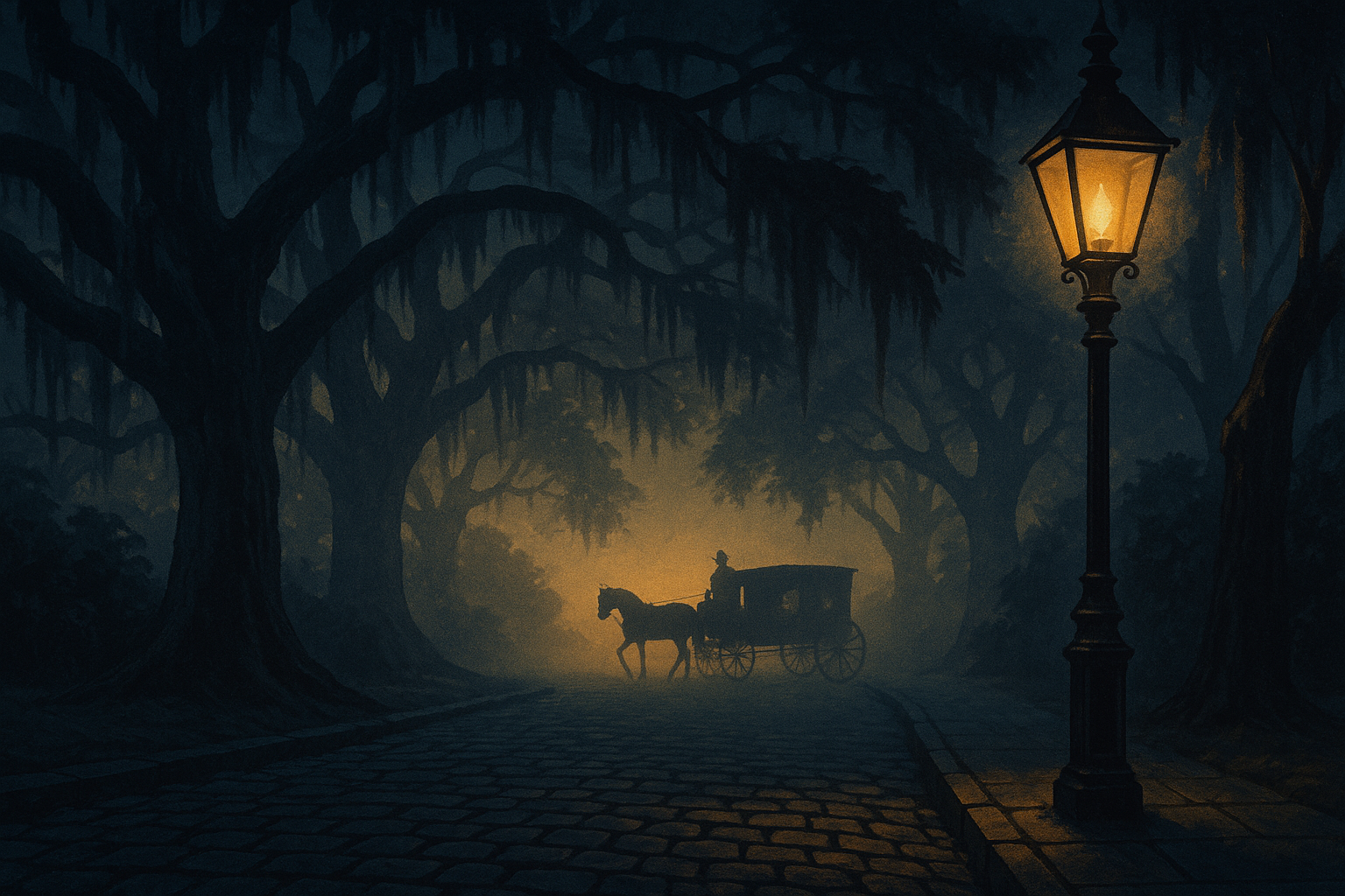 Moody illustration of a moss-draped oak-lined lane in historic Savannah at dusk with a vintage gas lamp