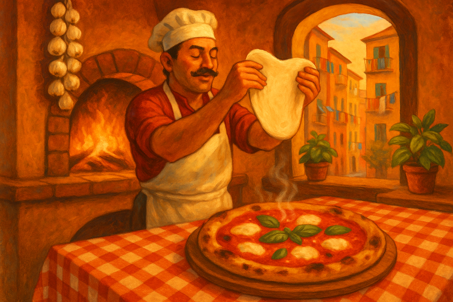 Pizzaiolo napolitain qui étire la pâte devant un four à bois dans une trattoria traditionnelle de Naples