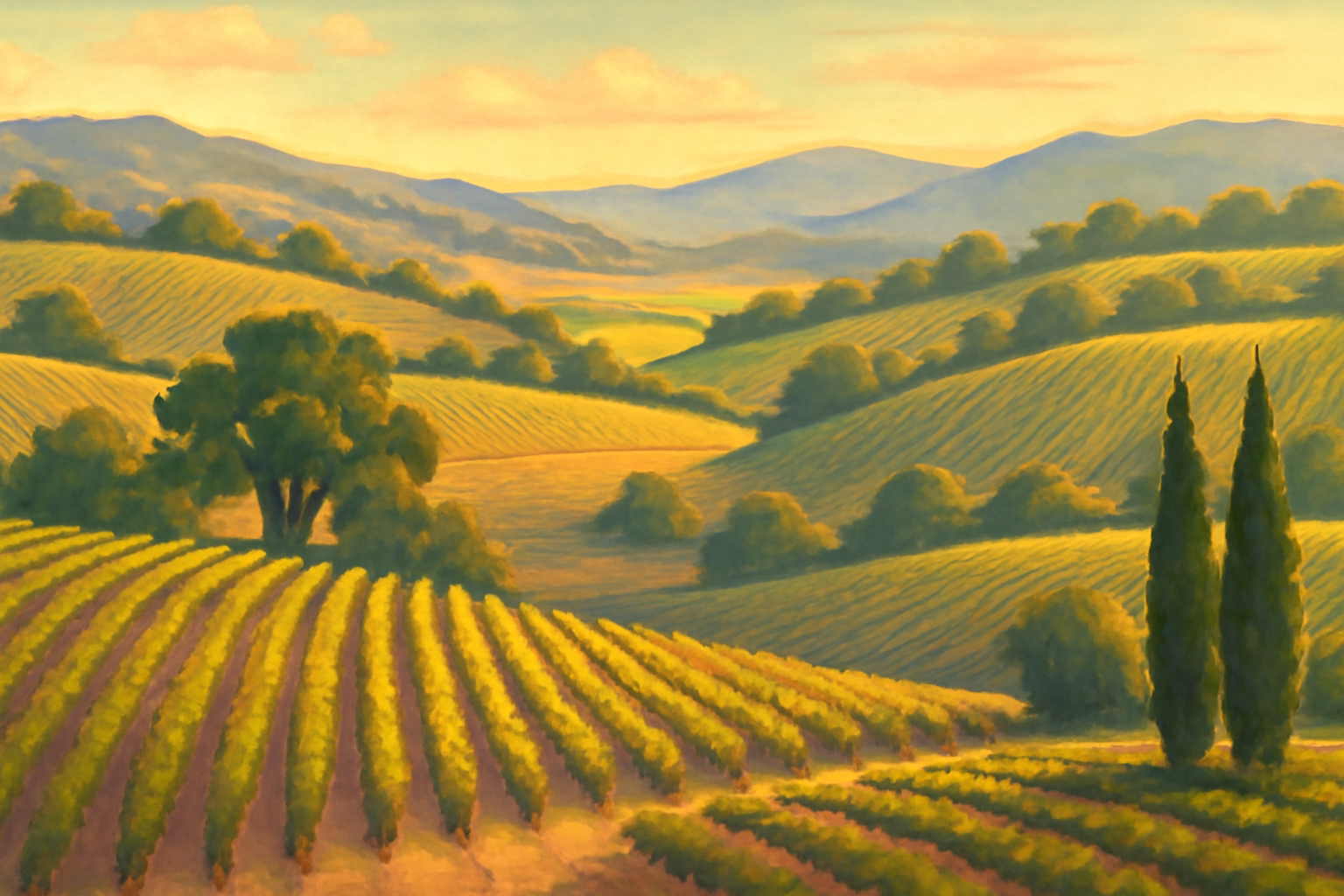 Rolling California wine country vineyards at golden hour in Napa and Sonoma