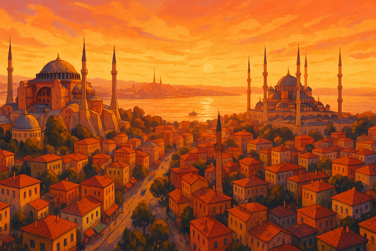 Vue panoramique d'Istanbul au coucher du soleil avec Sainte-Sophie, la Mosquée Bleue et le Bosphore