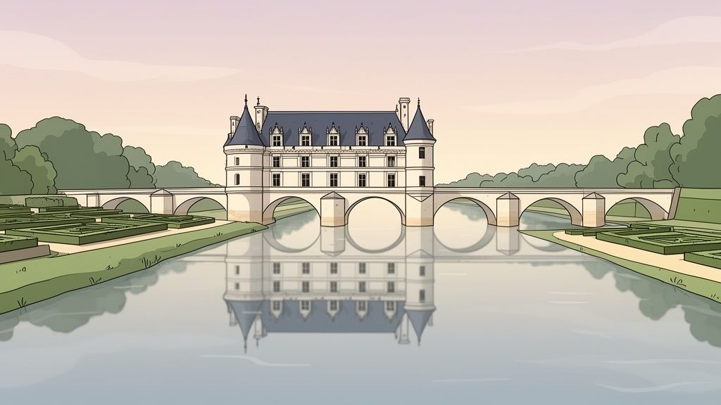Château de Chenonceau, majestueux, bâti sur la rivière, entouré de jardins et reflété dans l'eau calme.