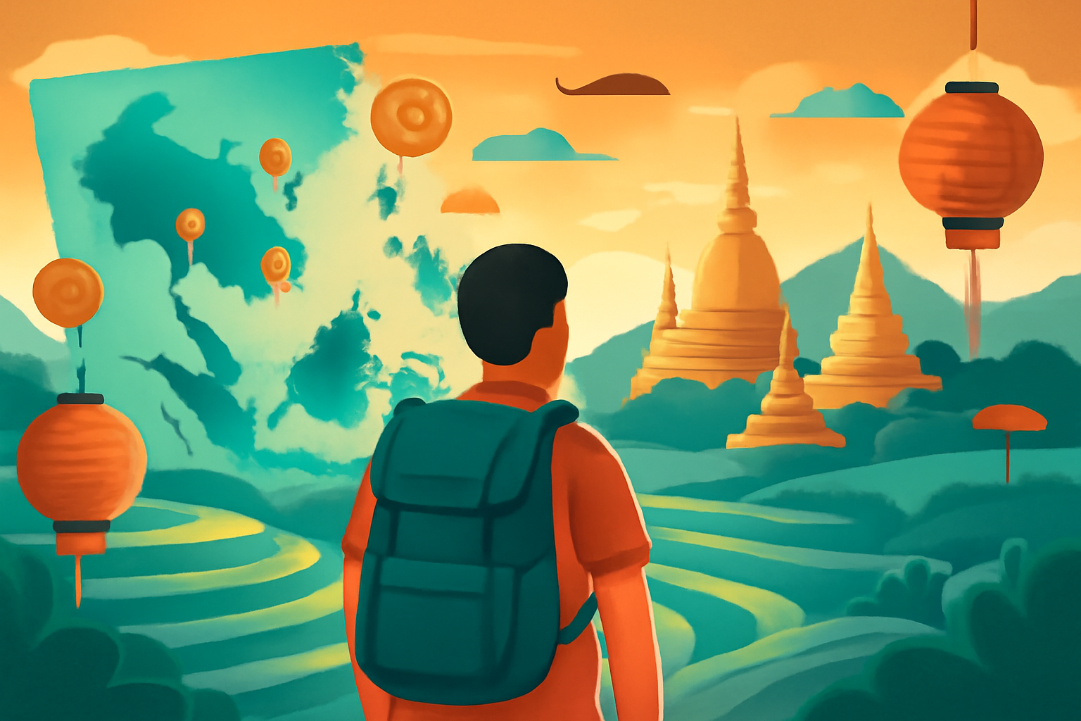 Backpacker regardant l'Asie du Sud-Est, carte avec épingles et pièces, illustration flat design