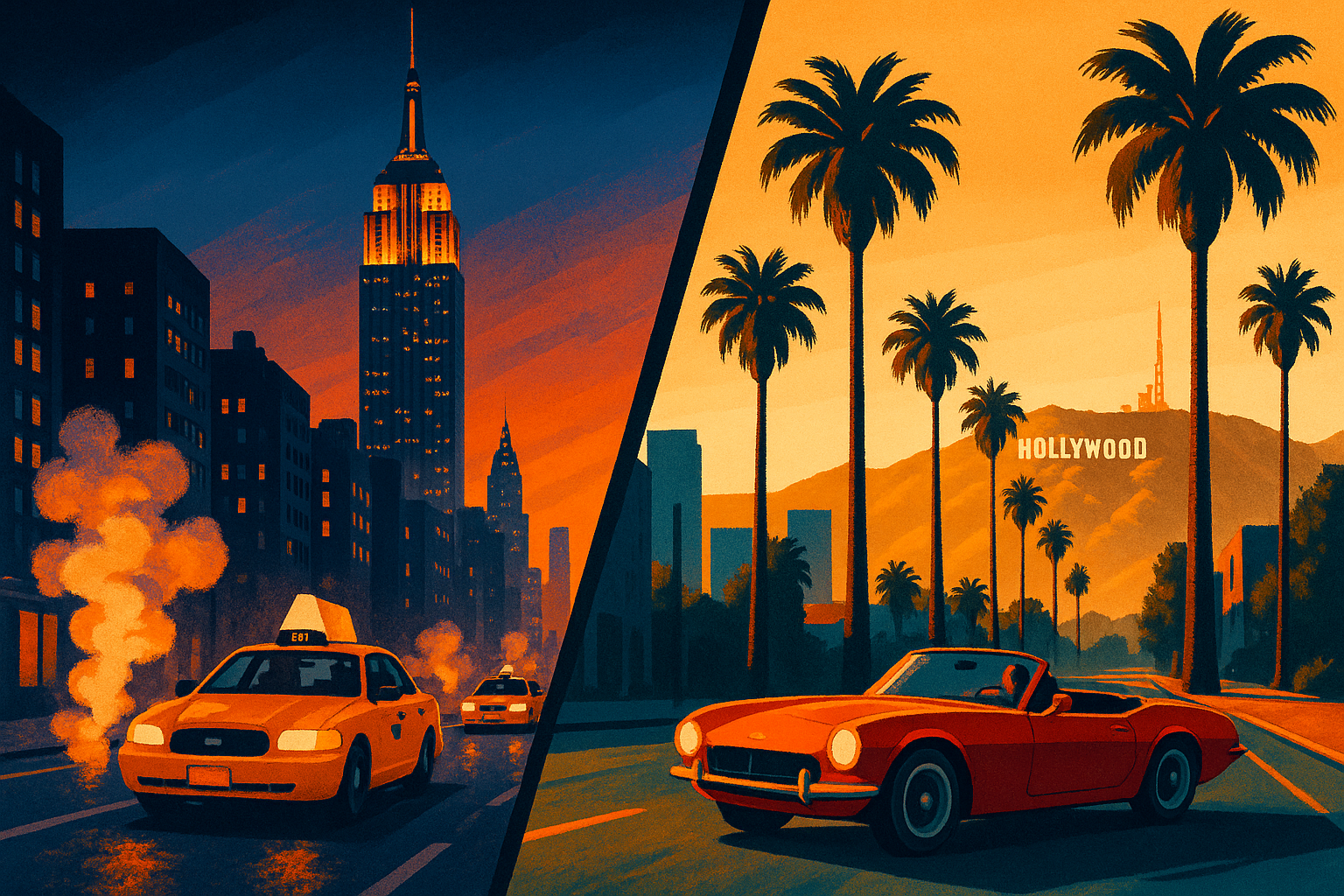 New York City vs Los Angeles travel comparison illustration showing both city skylines