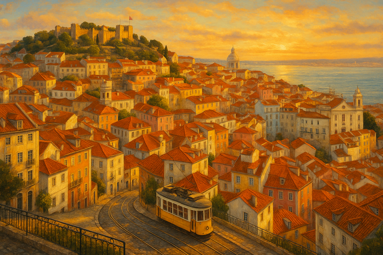Vue panoramique de Lisbonne depuis un miradouro au coucher du soleil, avec le quartier d'Alfama et le Tage en arrière-plan