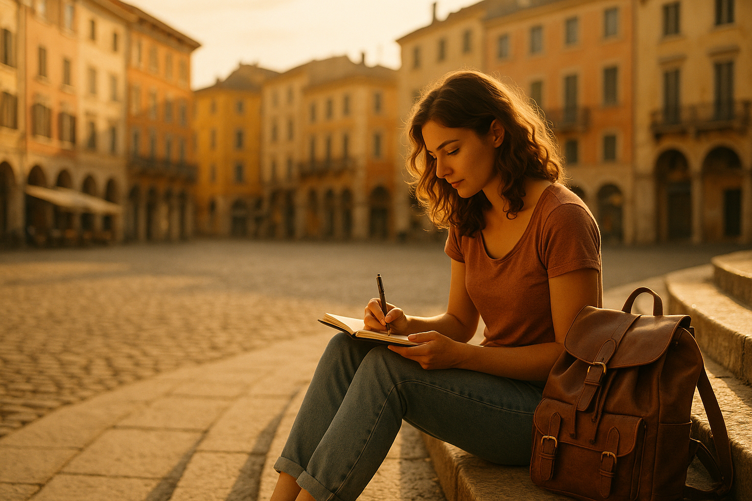 Femme voyageant seule dans une ville européenne ensoleillée, carnet à la main