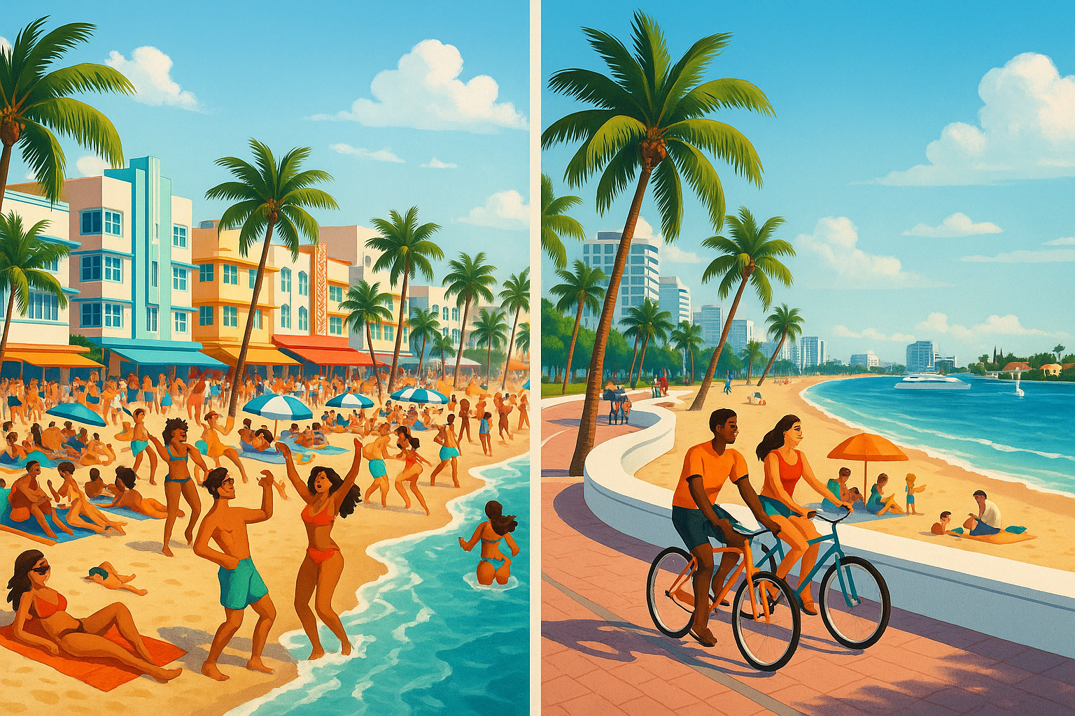 Miami Beach vs Fort Lauderdale comparison illustration showing the contrasting vibes of both Florida destinations