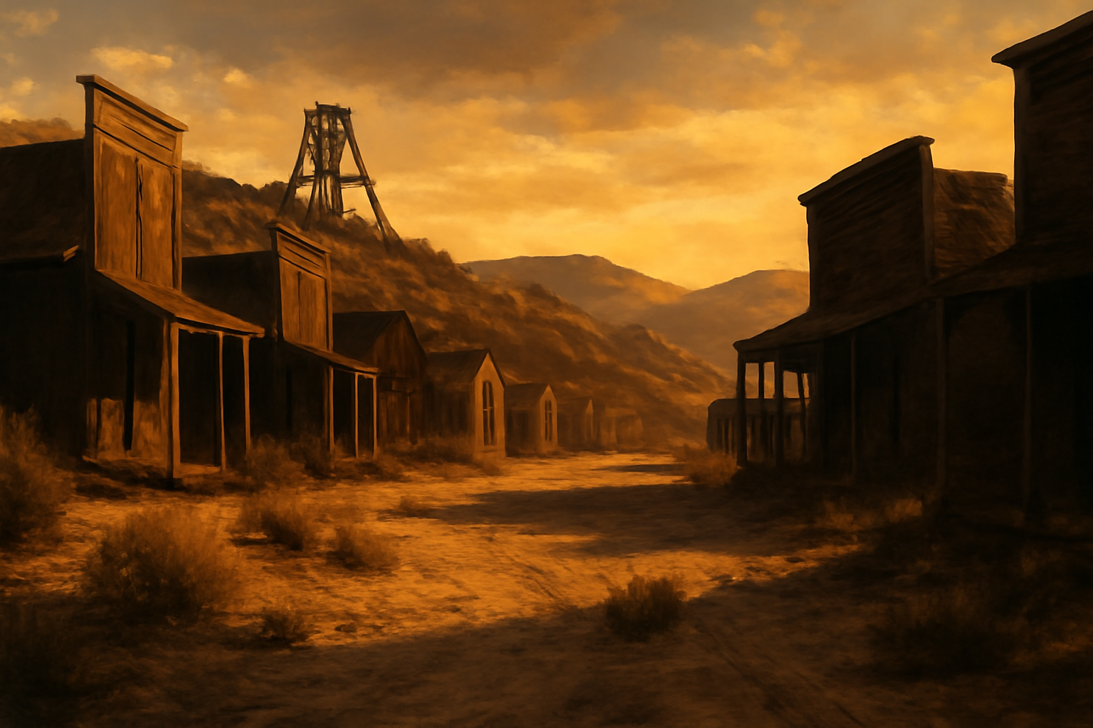 Illustration of an abandoned Old West ghost town at golden hour