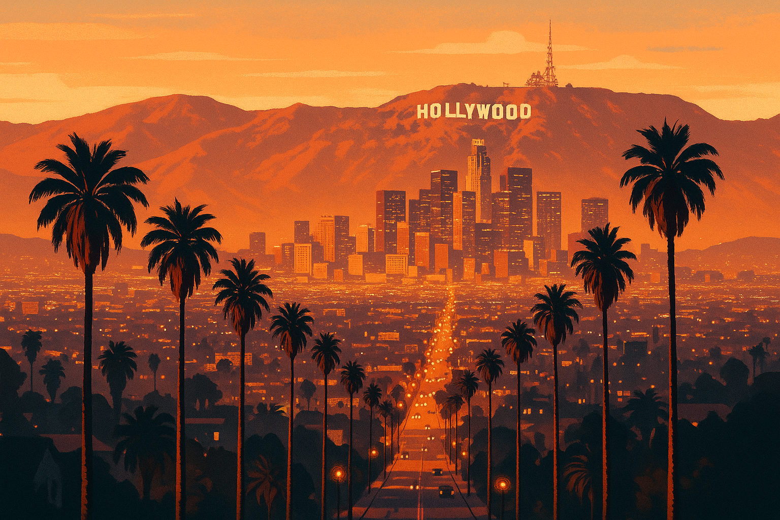 Los Angeles skyline at golden hour with Hollywood Sign and palm trees