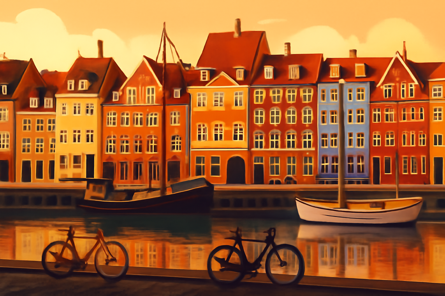 Illustration du port de Nyhavn à Copenhague, maisons colorées et vélos
