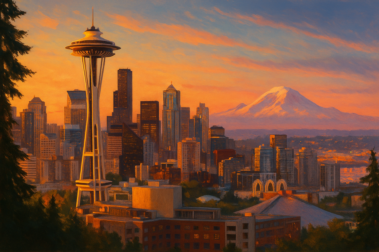 Seattle skyline at golden hour with the Space Needle, downtown, Puget Sound, and Mount Rainier in the background