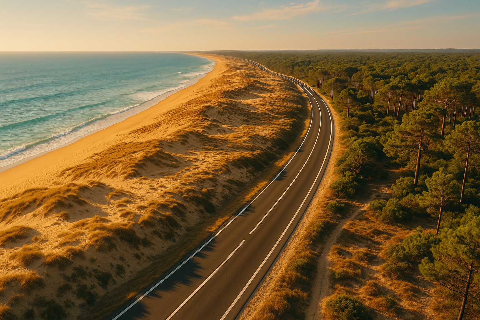 Route côtière serpentant entre les dunes et la forêt de pins sur la côte atlantique française