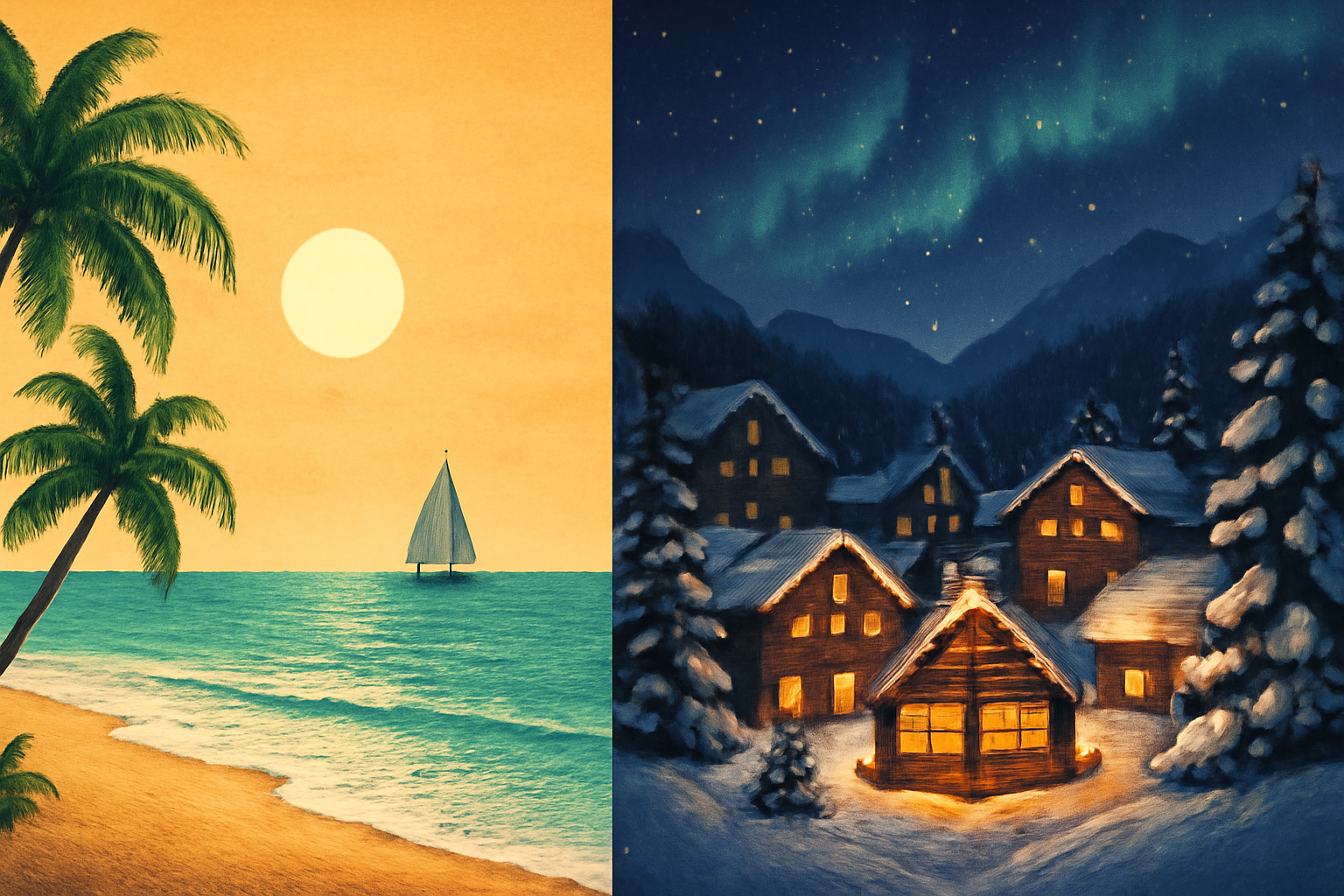 Collage entre une plage turquoise des Caraïbes et un marché de Noël enneigé