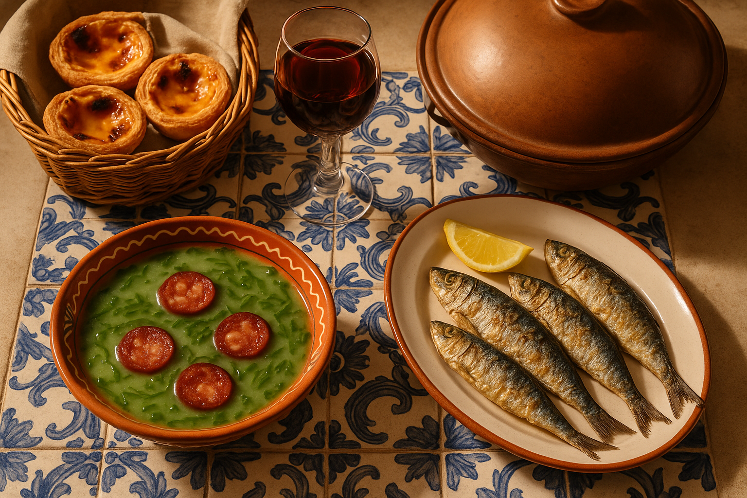 Table de spécialités portugaises : pastéis de nata, sardines grillées, caldo verde et vin de Porto