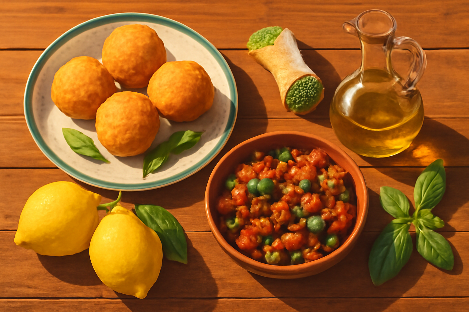 Spécialités siciliennes : arancini, cannolo et caponata sur une table méditerranéenne