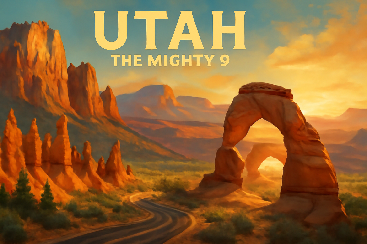 Illustrated landscape of Utah's Mighty 5 national parks with red cliffs, hoodoos and a natural arch