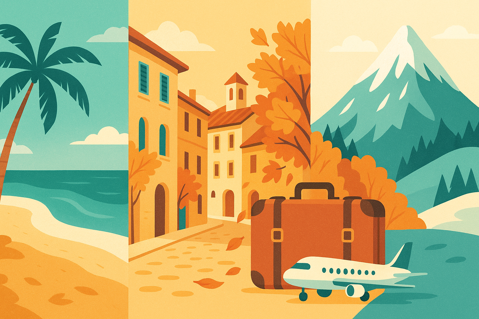 Illustration d'un voyage en novembre : plage au soleil, ville aux couleurs d'automne et montagne enneigée