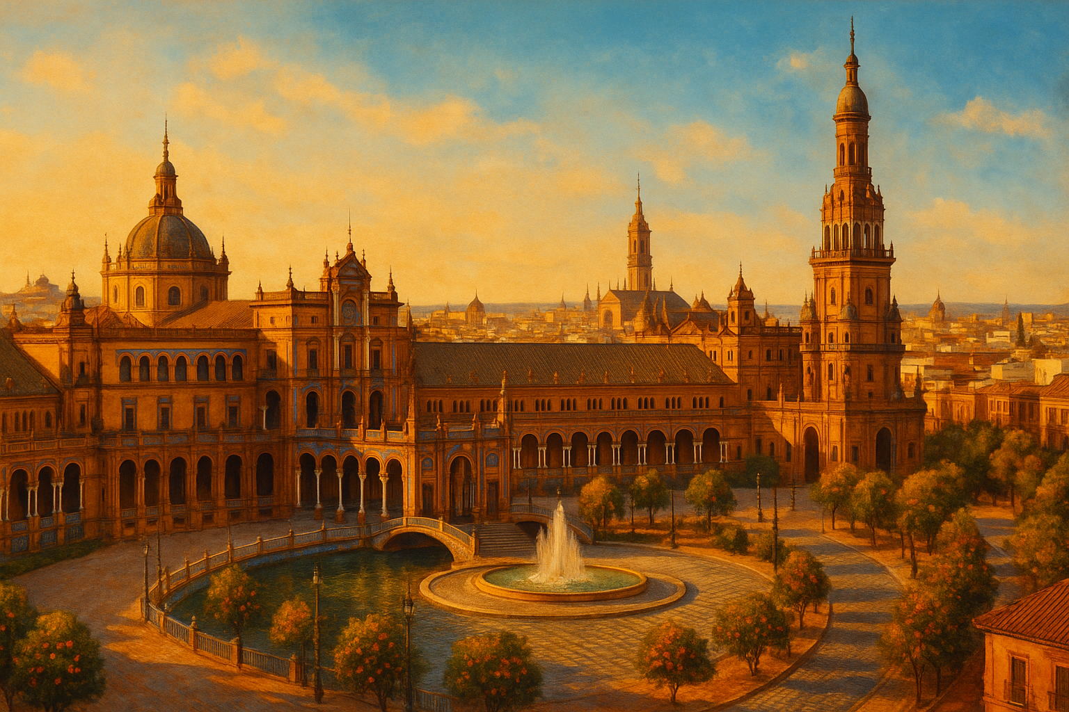 Vue panoramique de Séville avec la Plaza de España et la Giralda au coucher du soleil