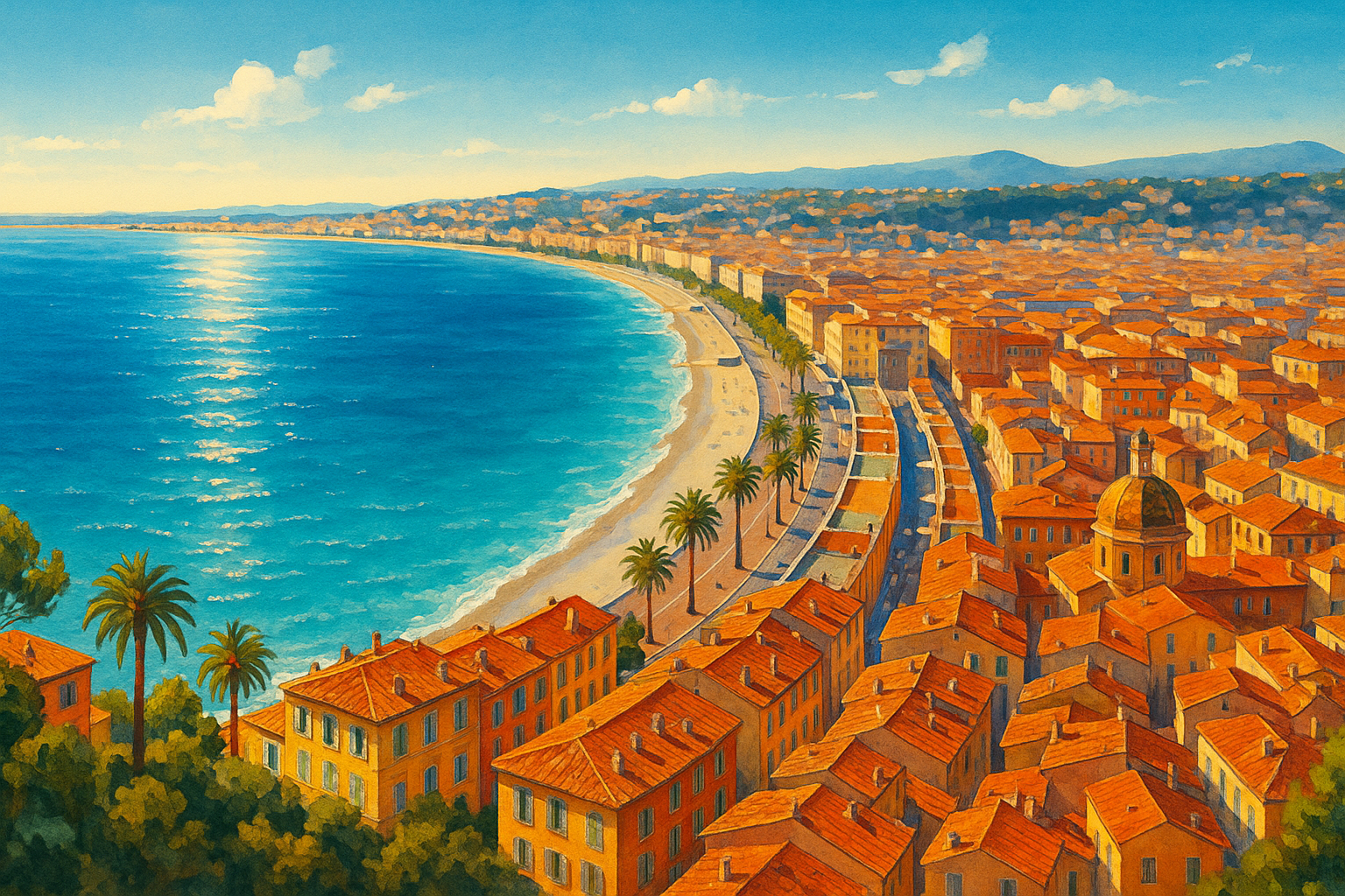 Vue panoramique sur Nice depuis la Colline du Château — Promenade des Anglais et Baie des Anges
