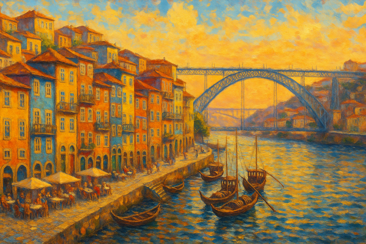 Vue panoramique du quartier de la Ribeira à Porto avec ses maisons colorées au bord du Douro et le pont Dom Luís I en arrière-plan