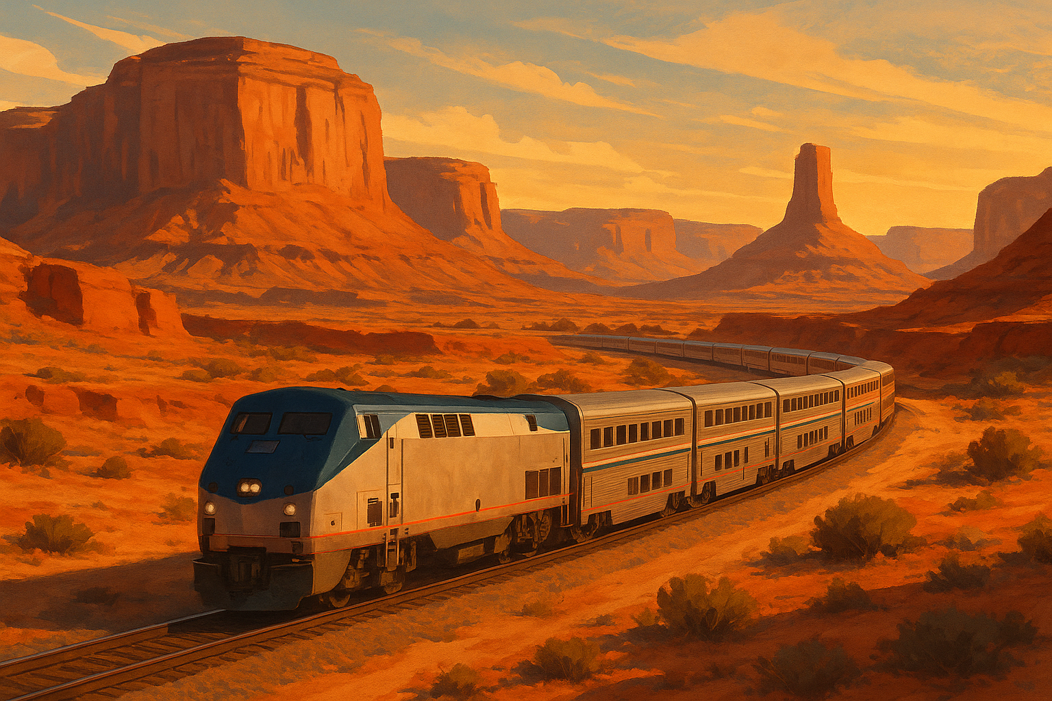 Amtrak-style long-distance train crossing the American Southwest at golden hour