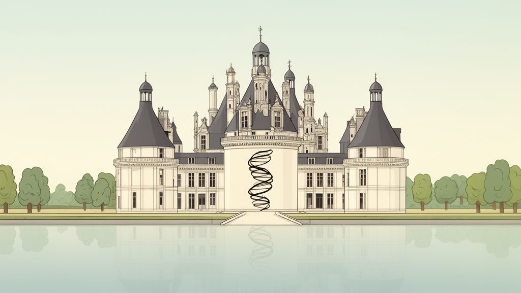 Illustration d'un château majestueux avec une double hélice d'ADN, reflété dans l'eau calme.