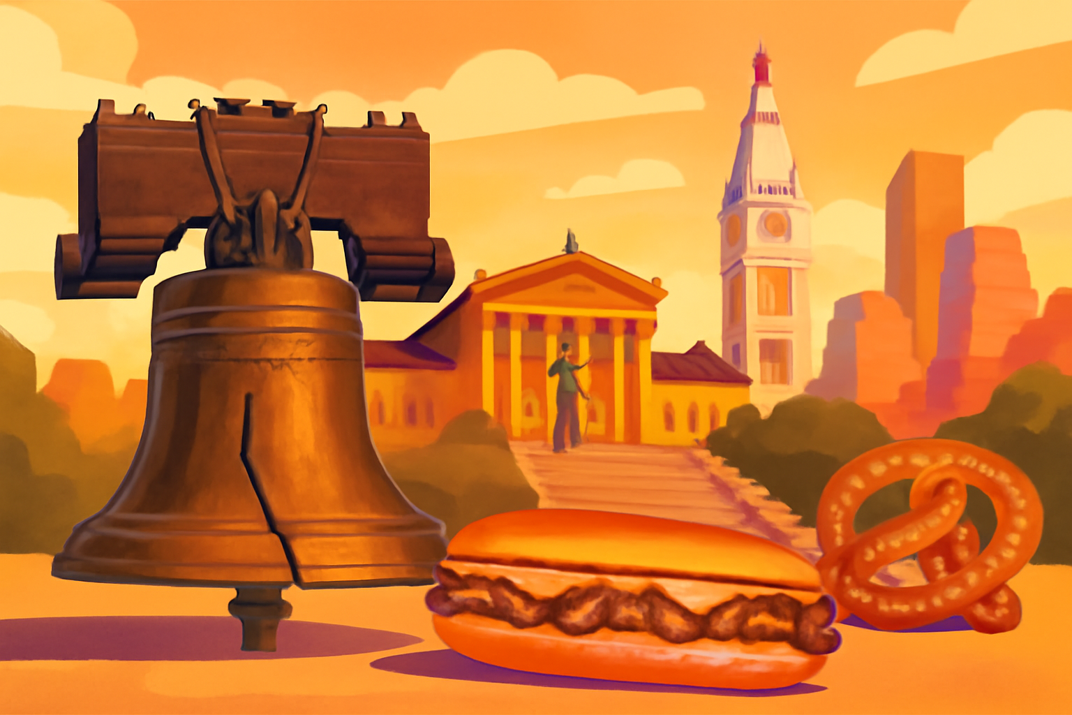Illustrated Philadelphia weekend guide featuring the Liberty Bell, Rocky Steps and a cheesesteak