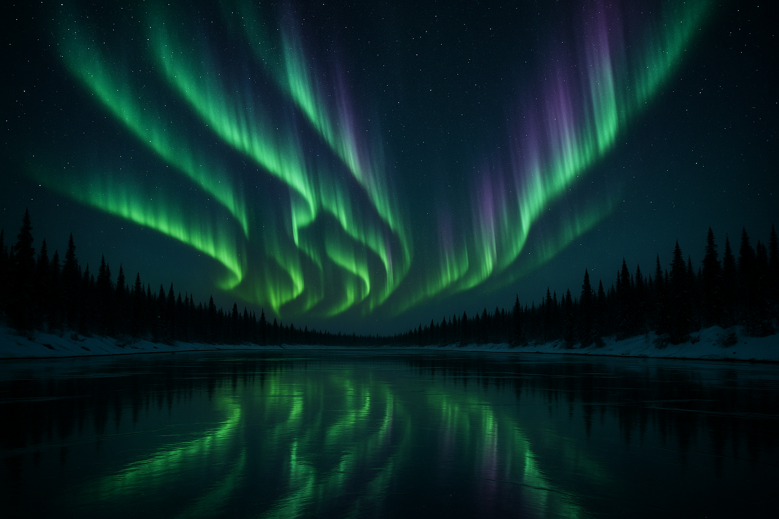 Aurora borealis northern lights over a frozen lake in Alaska at night