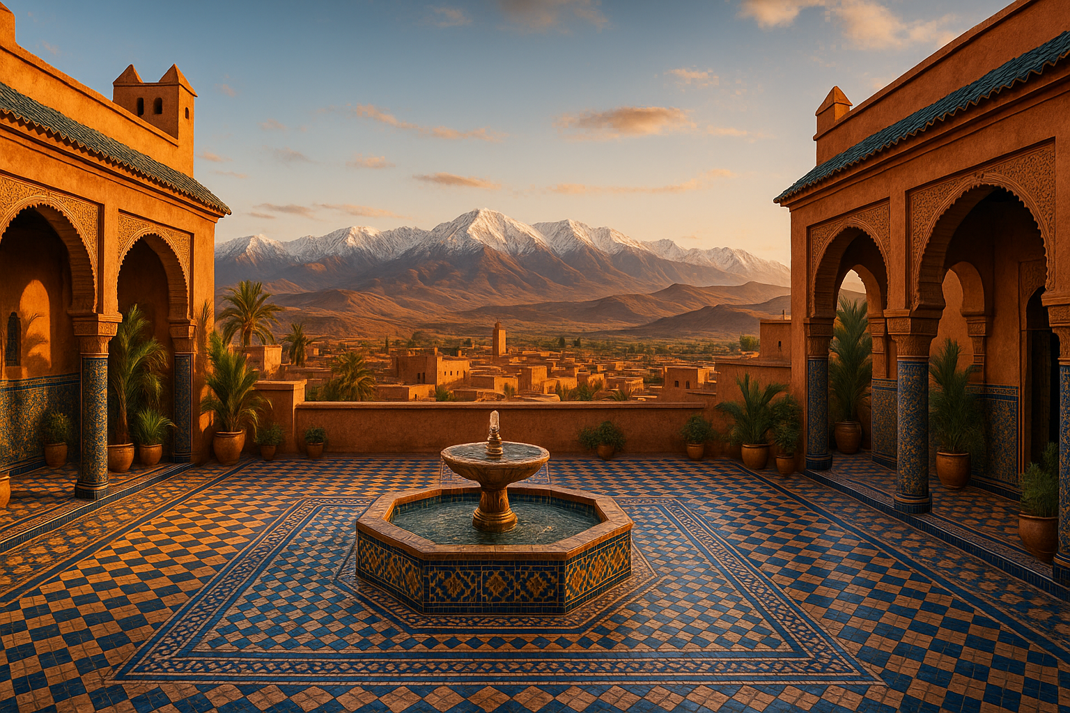Vue panoramique du Maroc entre riad traditionnel et montagnes de l'Atlas au coucher du soleil