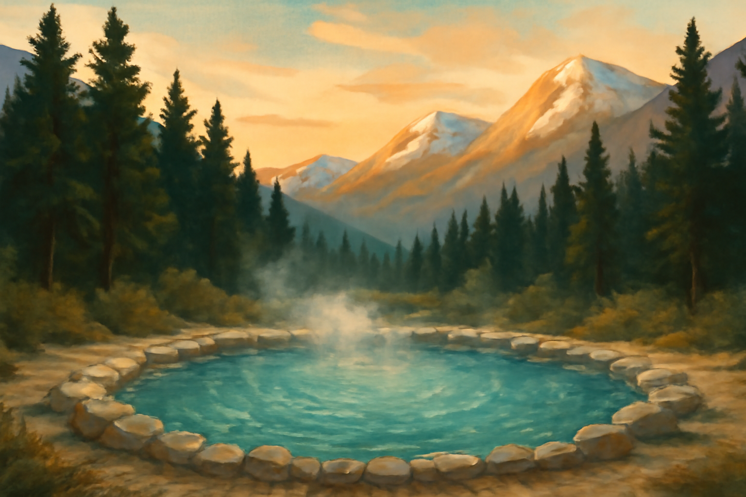 Serene natural hot spring in a mountain valley surrounded by pines and snow-dusted peaks