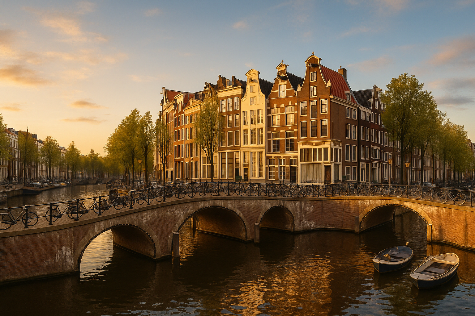 Vue panoramique des canaux d'Amsterdam avec ses maisons typiques et ses vélos