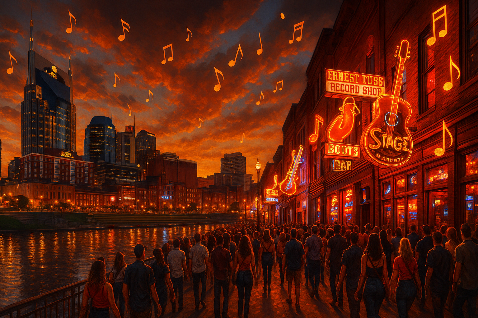 Nashville Tennessee skyline and Broadway neon lights at golden hour