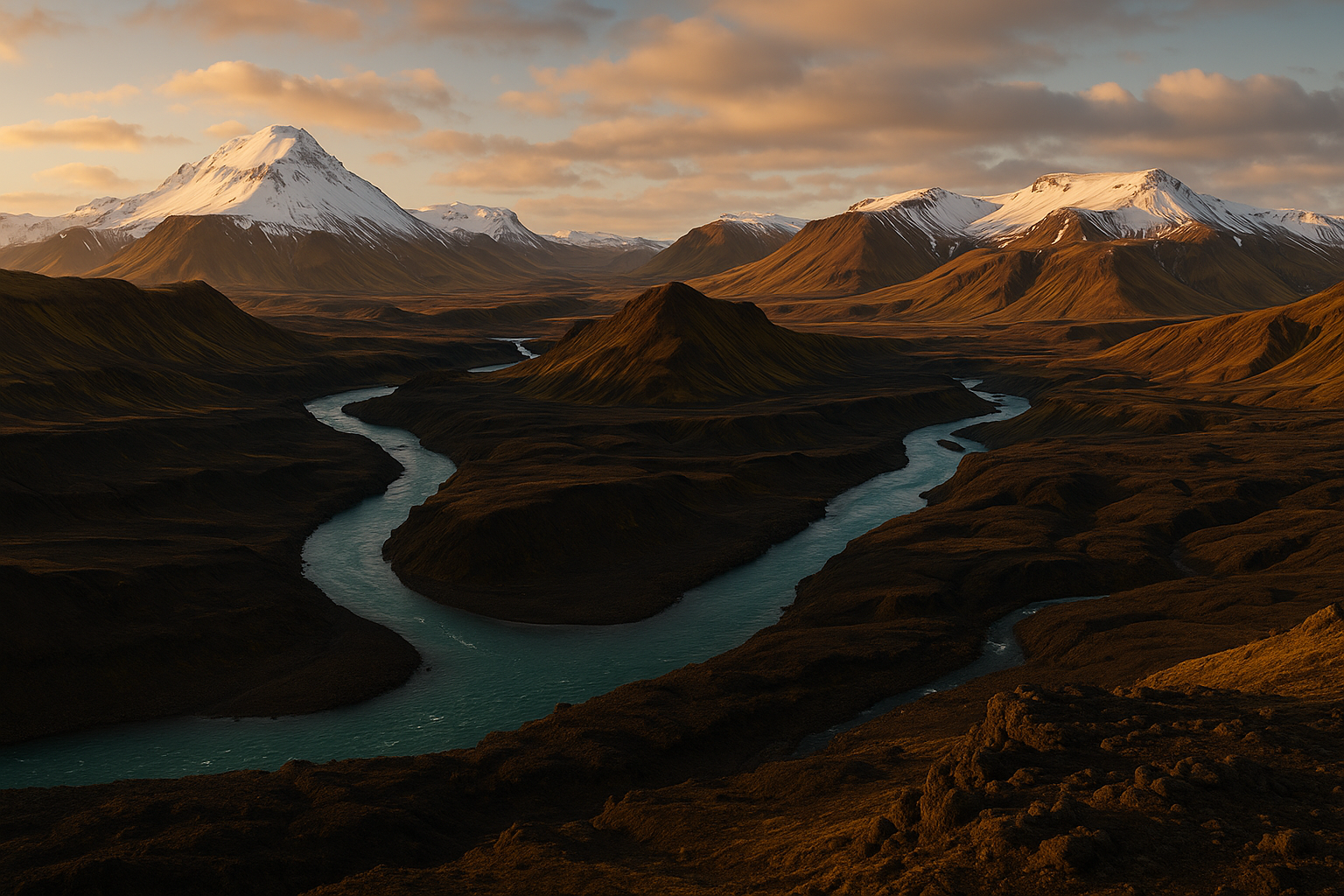 Paysage islandais avec rivière glaciaire turquoise et montagnes enneigées au coucher de soleil