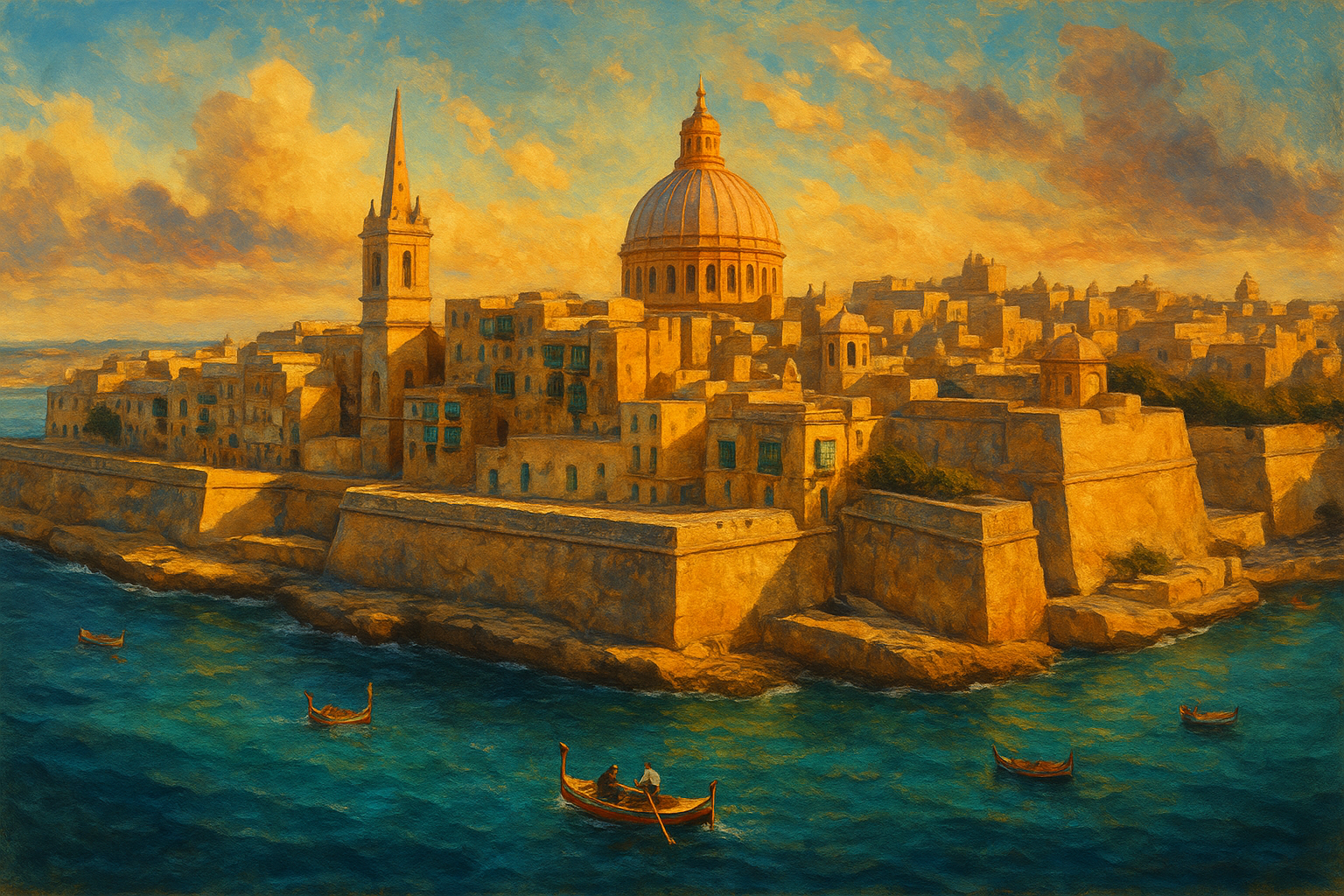 Vue panoramique de La Valette et du Grand Harbour de Malte au coucher du soleil