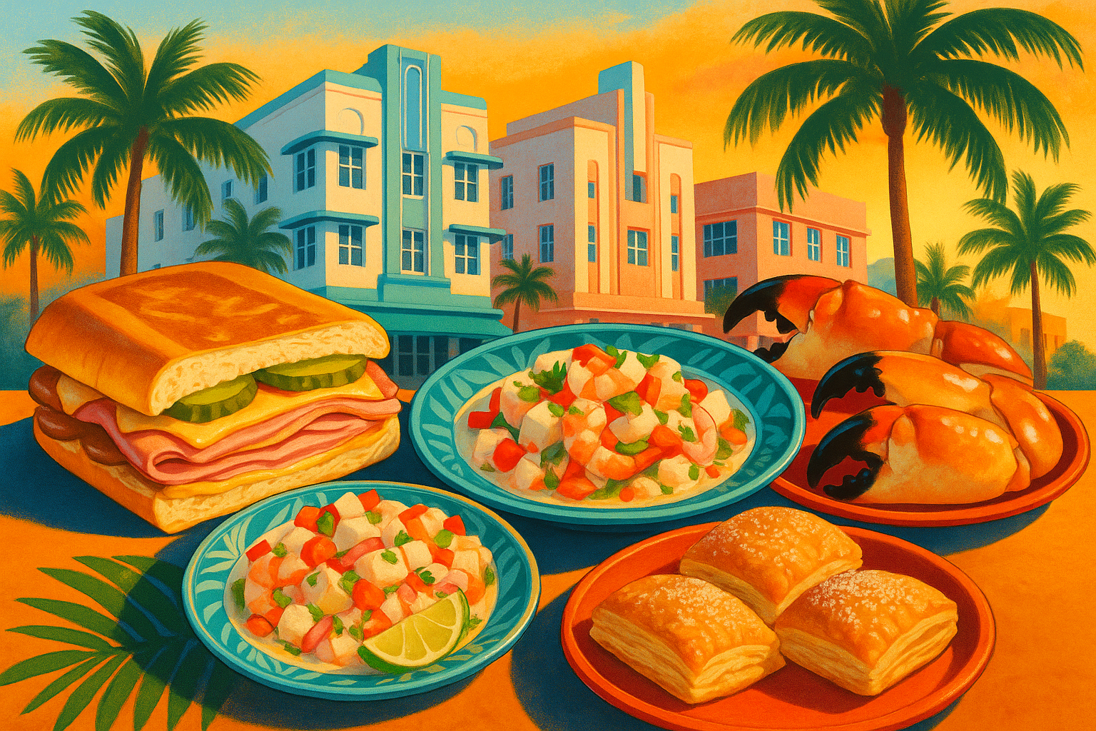 Miami food scene collage with Cuban sandwiches, stone crab, and ceviche against Art Deco backdrop