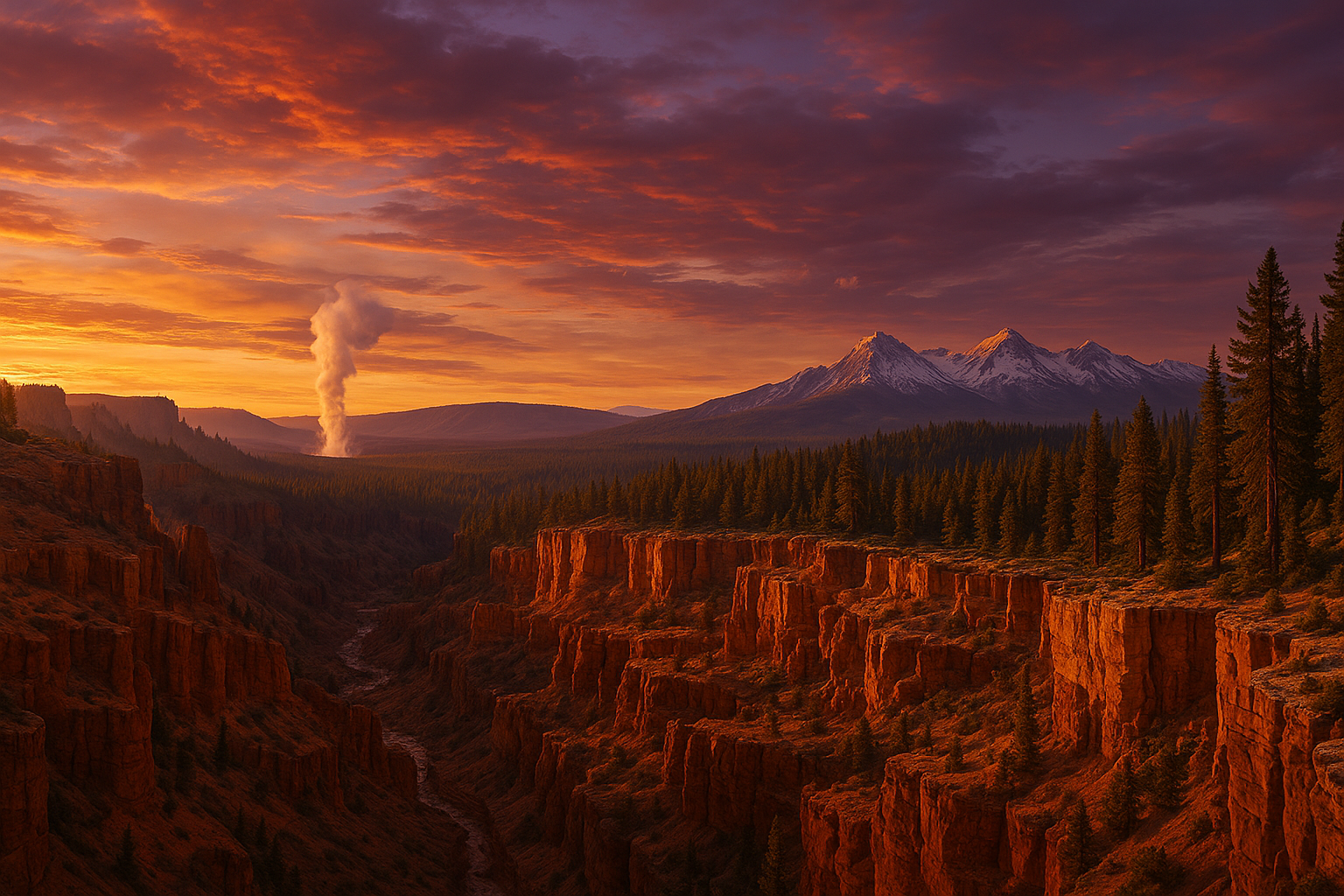Sweeping panorama of America's national parks — canyon walls, geysers, forests, and mountain peaks at sunset