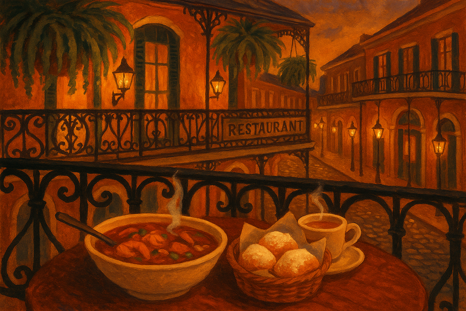 New Orleans French Quarter restaurant terrace at dusk with gumbo and beignets on the table