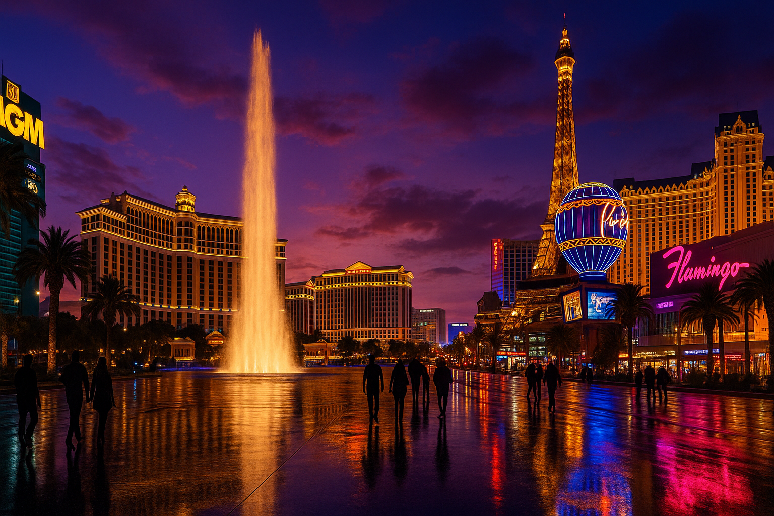 Las Vegas Strip at dusk with neon casino lights and Bellagio fountains