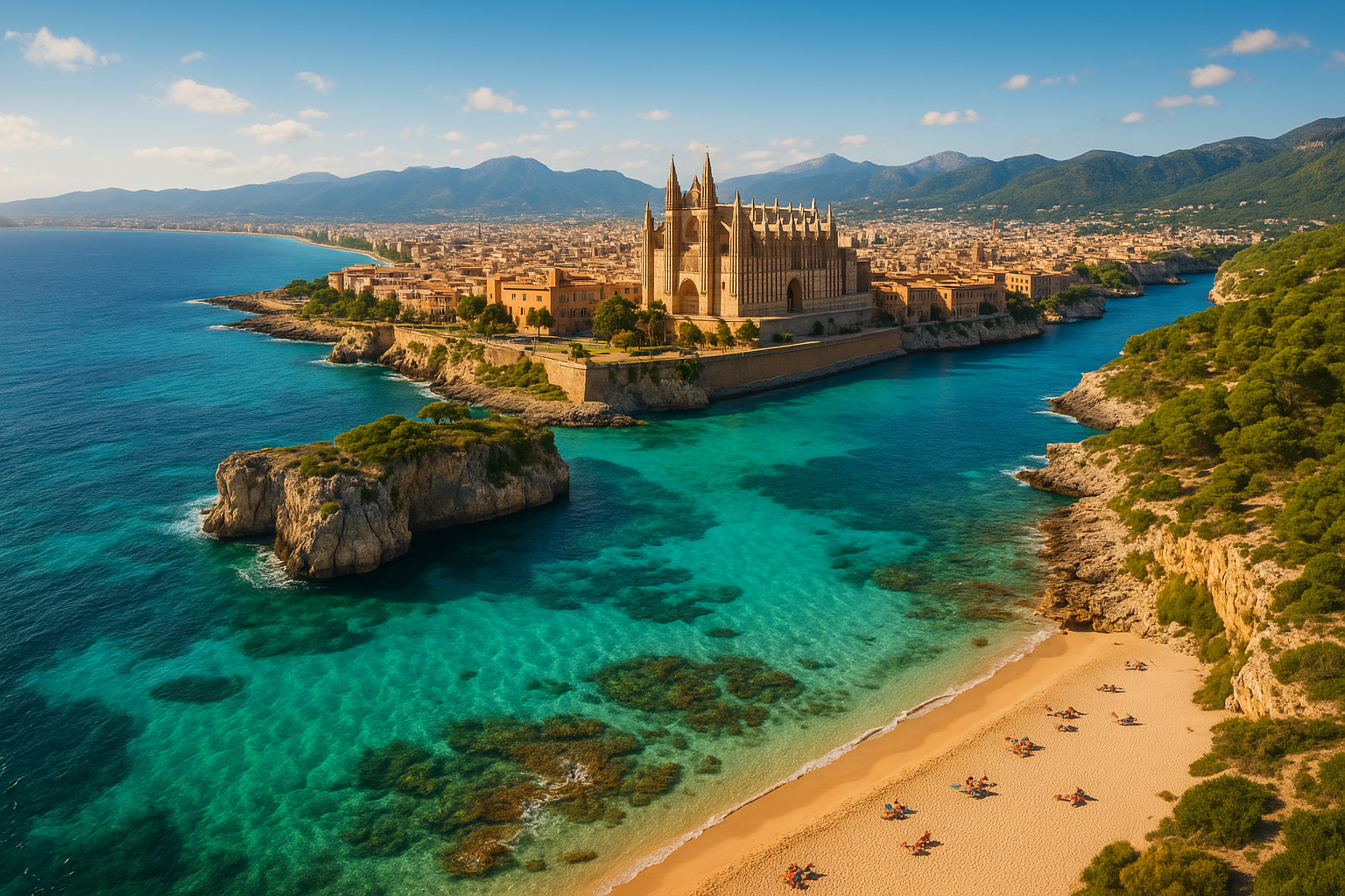 Vue panoramique de Majorque avec la cathédrale de Palma, la mer Méditerranée turquoise et la Serra de Tramuntana