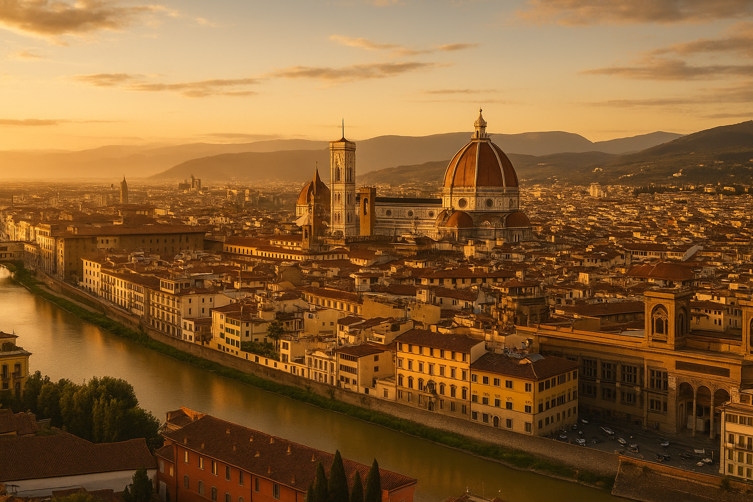 Vue panoramique de Florence avec le Dôme de Brunelleschi et les toits de la ville au coucher du soleil
