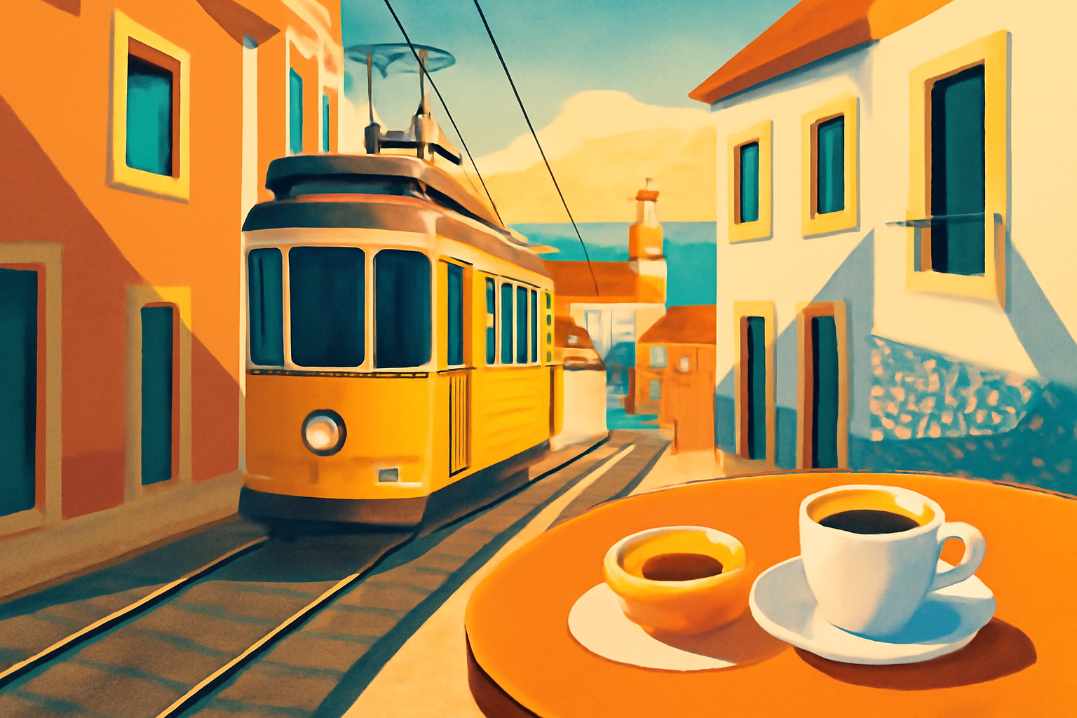 Illustration d'un tramway jaune de Lisbonne dans les ruelles d'Alfama, symbole d'un voyage au Portugal à petit budget