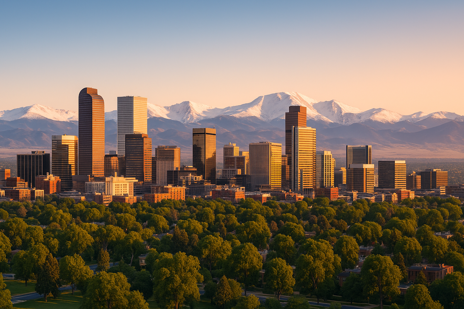 Denver Colorado skyline with Rocky Mountains backdrop at golden hour