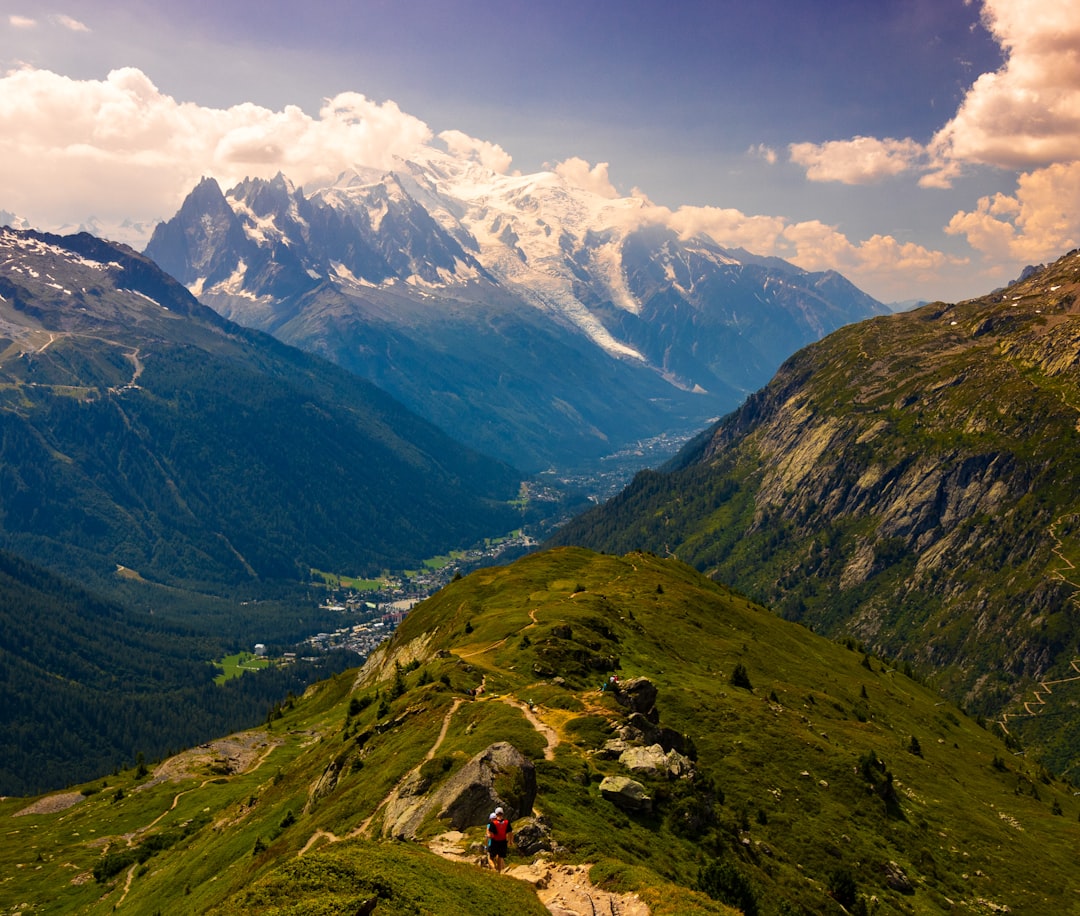 Randonneurs dans les Alpes françaises en été, prairies alpines et sommets