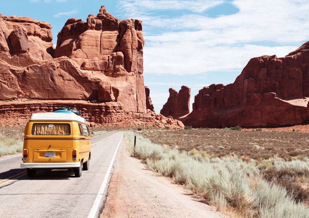 Yellow campervan on a road trip