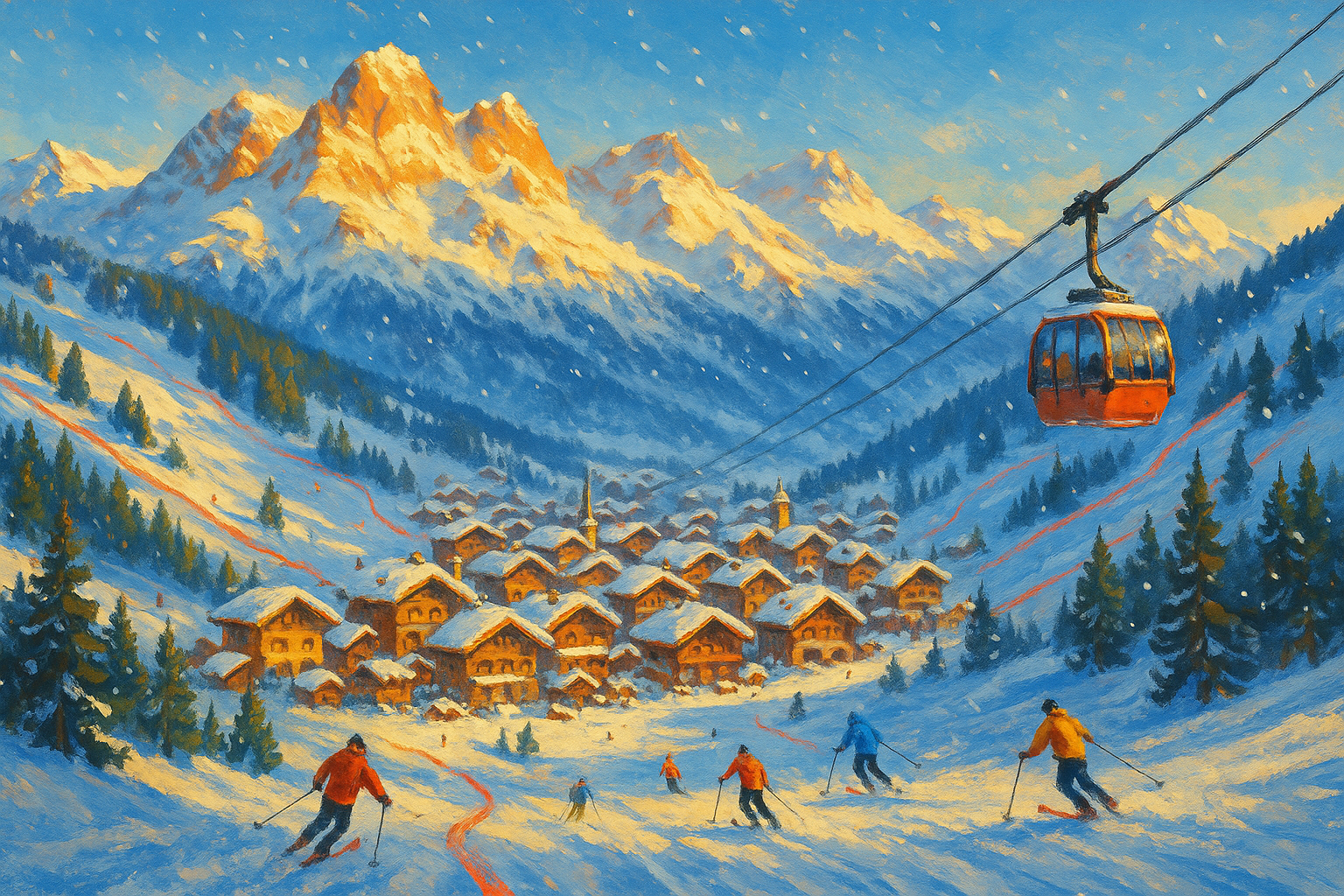 Station de ski dans les Alpes françaises en hiver, village alpin et pistes enneigées au lever du soleil