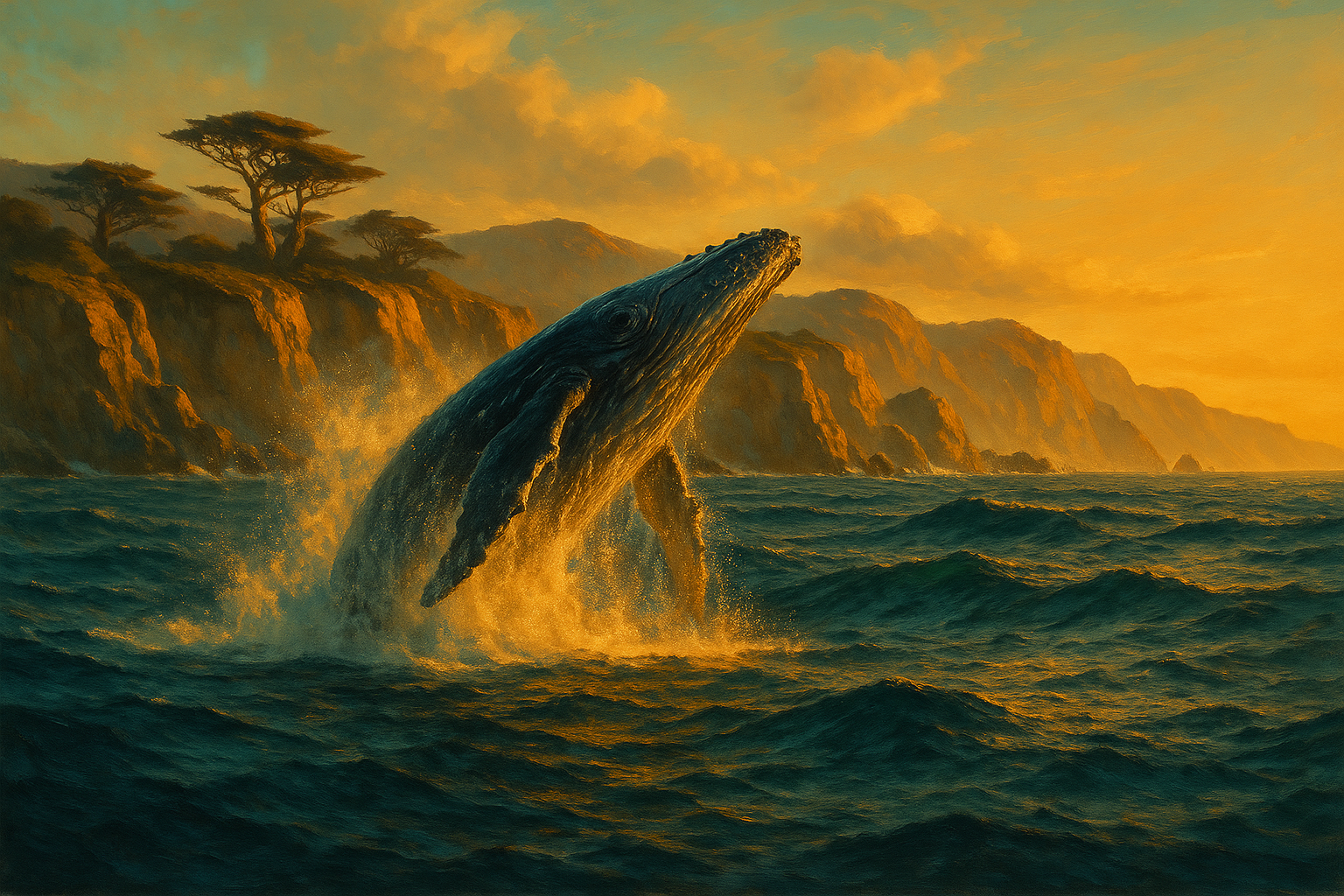 Humpback whale breaching off the California coast at sunset